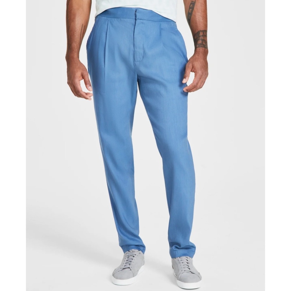 Alfani Linen Blend Stretch Dress Pants Pleated Slim Fit Blue Size 38x32 0204‎